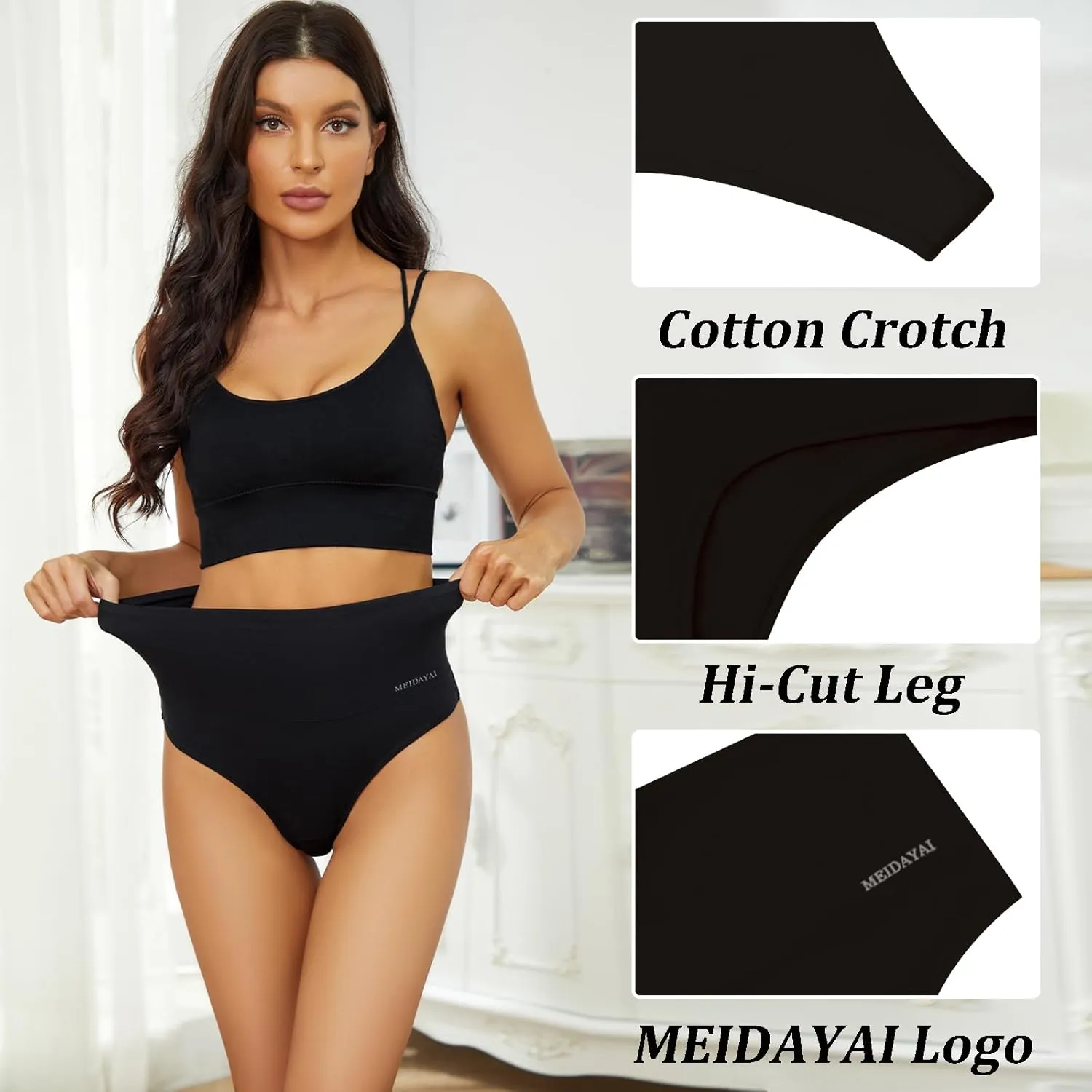 Thongs for Women High Waisted Tunmmy Control Underwear Soft Stretchy No Show High Rise Thong Panties 5 Pack