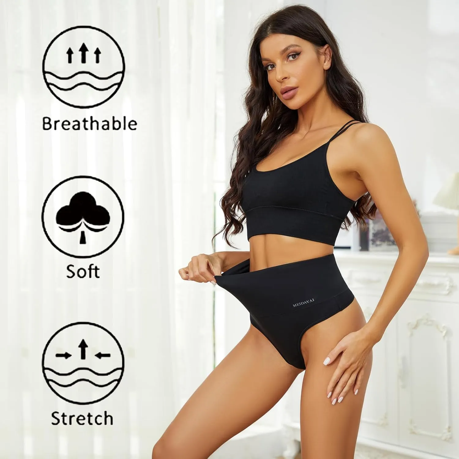 Thongs for Women High Waisted Tunmmy Control Underwear Soft Stretchy No Show High Rise Thong Panties 5 Pack