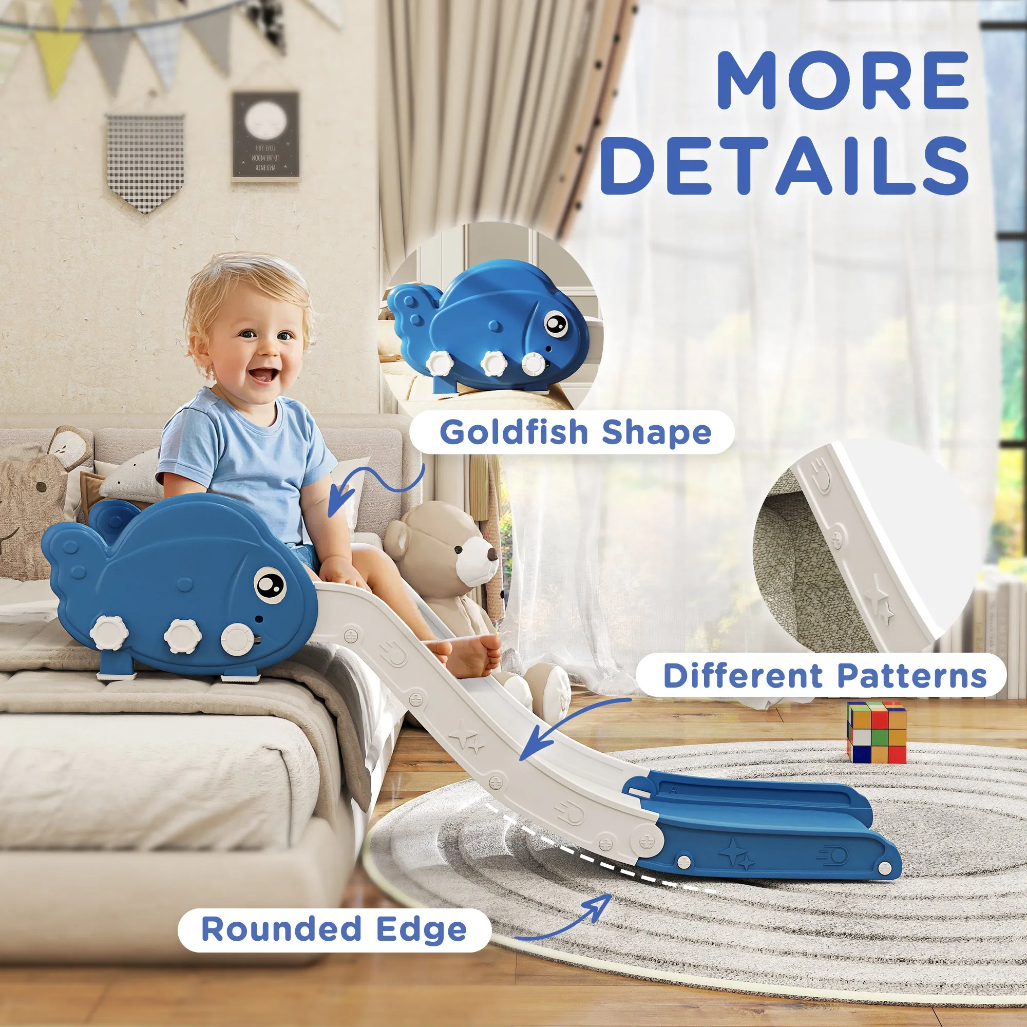 Toddler Couch Slide for Bed, Sofa, Stairs, Easy Assemble & Storage, for 18-48 Months, Blue
