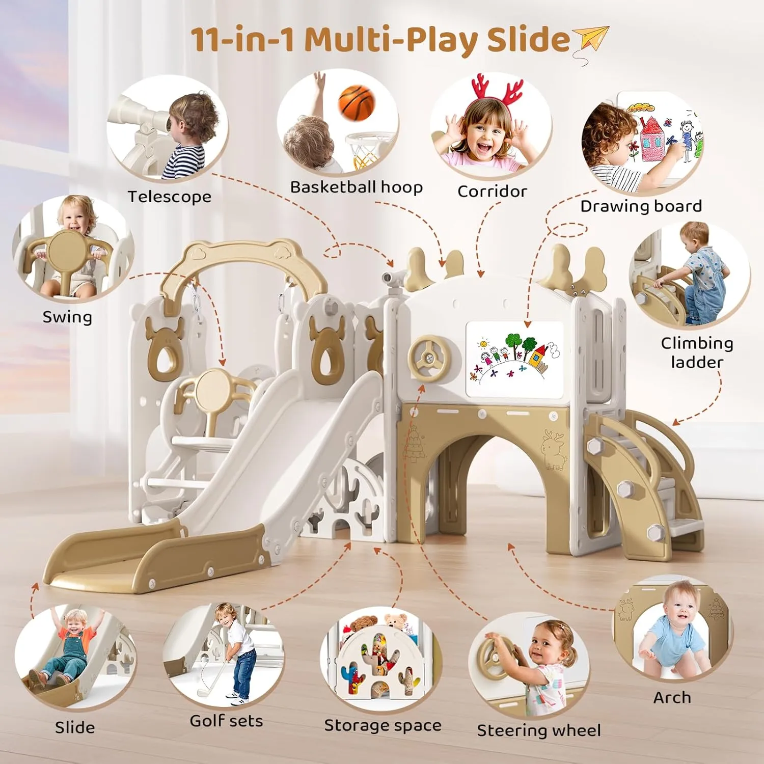 Toddler Slide and Swing, 11 in 1 Toddler Playset with Kids Slide, Drawing Board, Golf Set, Basketball Hoop and Storage Space for Age 1-3, Indoor and Outdoor Playground