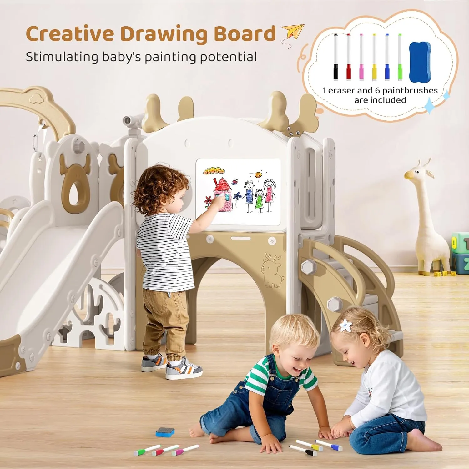 Toddler Slide and Swing, 11 in 1 Toddler Playset with Kids Slide, Drawing Board, Golf Set, Basketball Hoop and Storage Space for Age 1-3, Indoor and Outdoor Playground