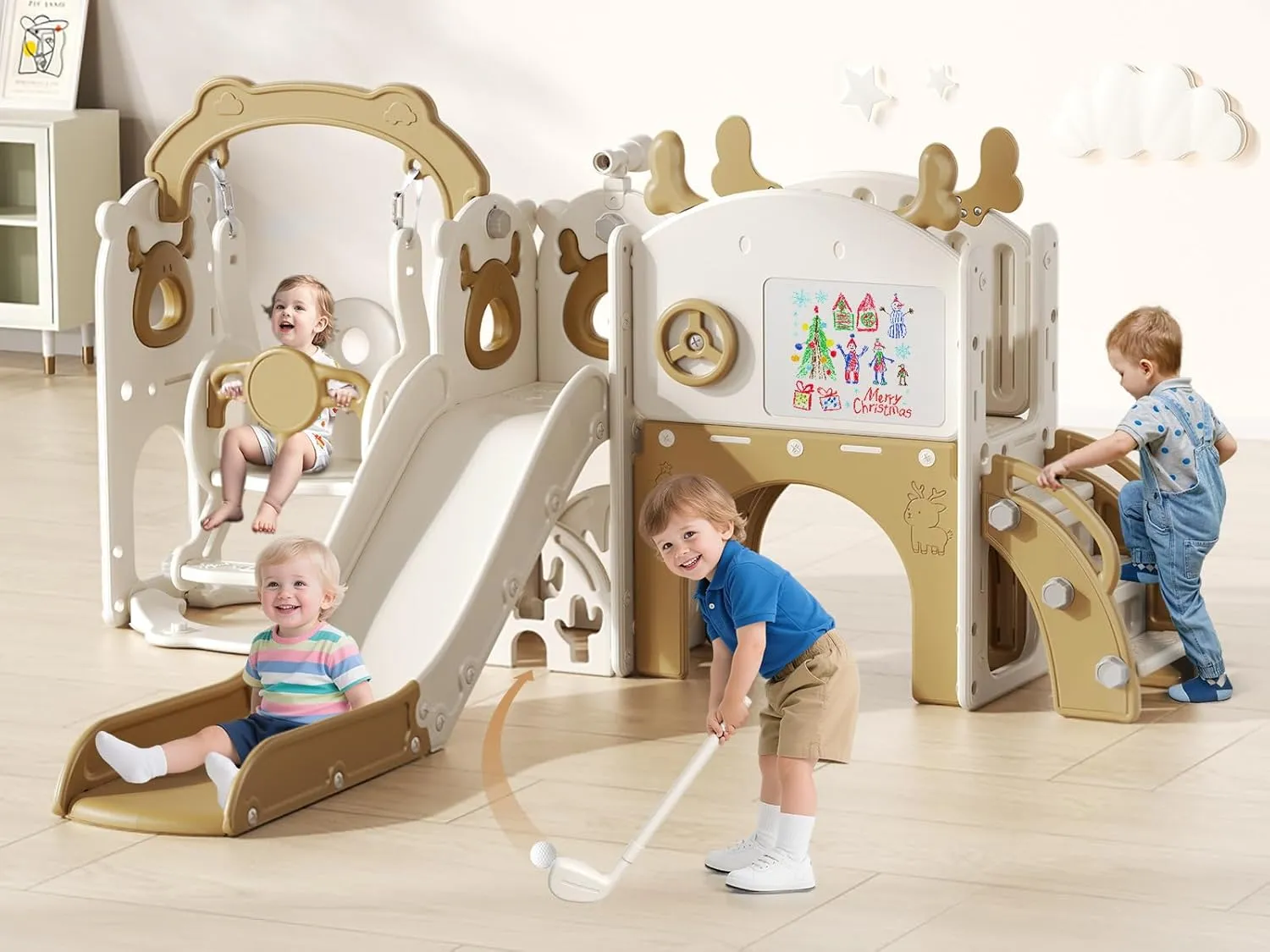 Toddler Slide and Swing, 11 in 1 Toddler Playset with Kids Slide, Drawing Board, Golf Set, Basketball Hoop and Storage Space for Age 1-3, Indoor and Outdoor Playground