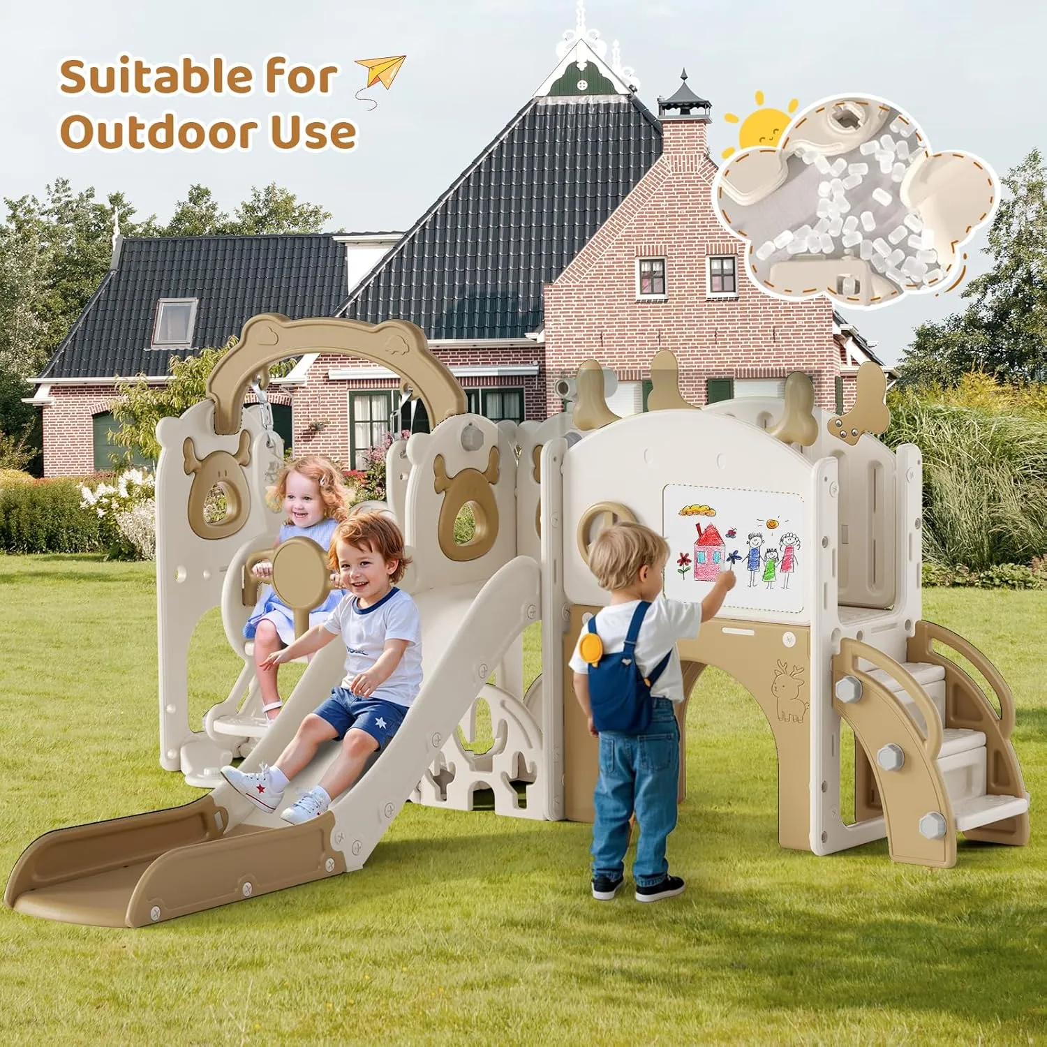 Toddler Slide and Swing, 11 in 1 Toddler Playset with Kids Slide, Drawing Board, Golf Set, Basketball Hoop and Storage Space for Age 1-3, Indoor and Outdoor Playground