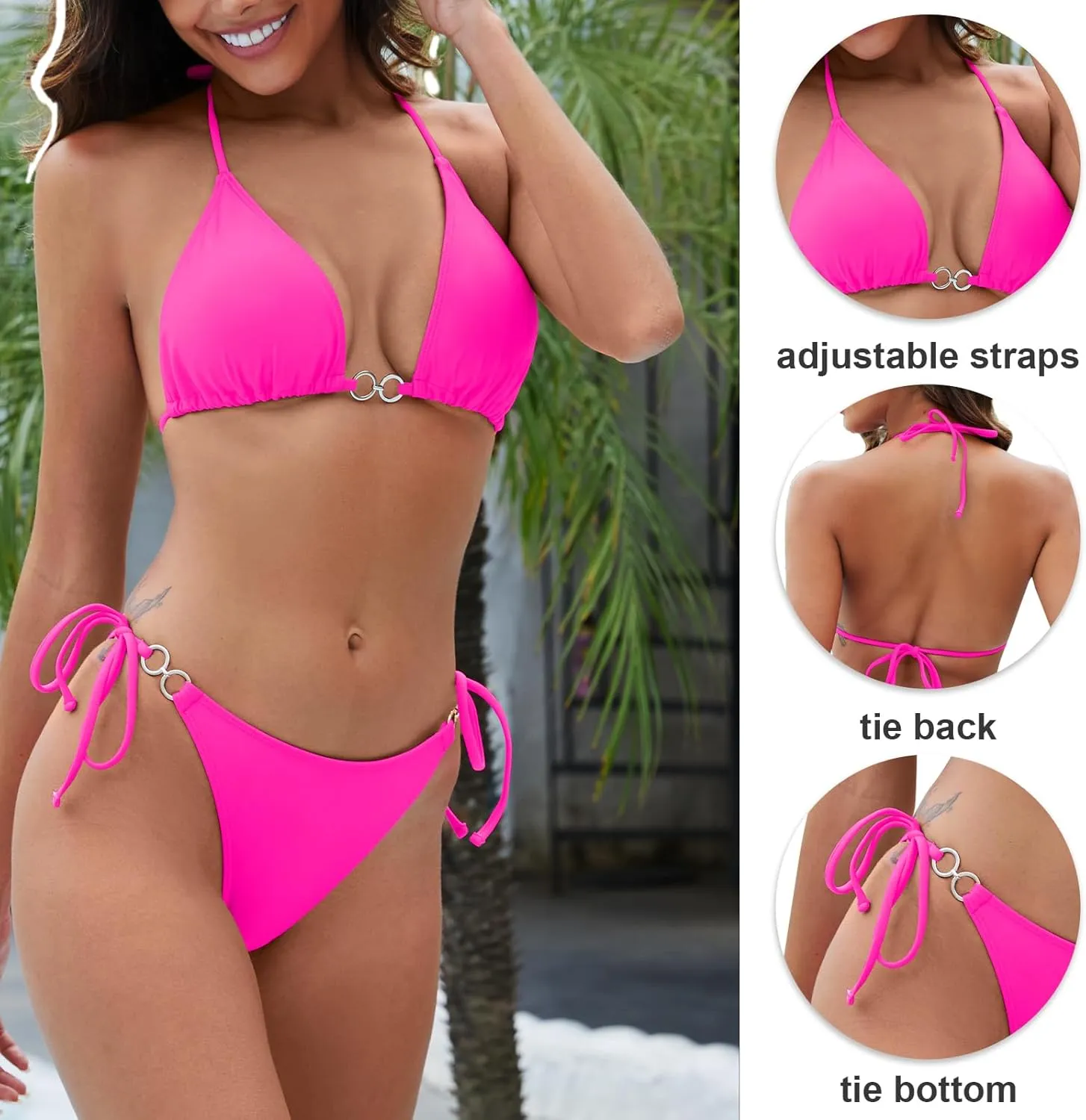 Triangle Bikini Sets for Women Sexy String Thong Two Piece Bathing Suit Spaghetti Strap Cheeky Solid Color Swimsuit