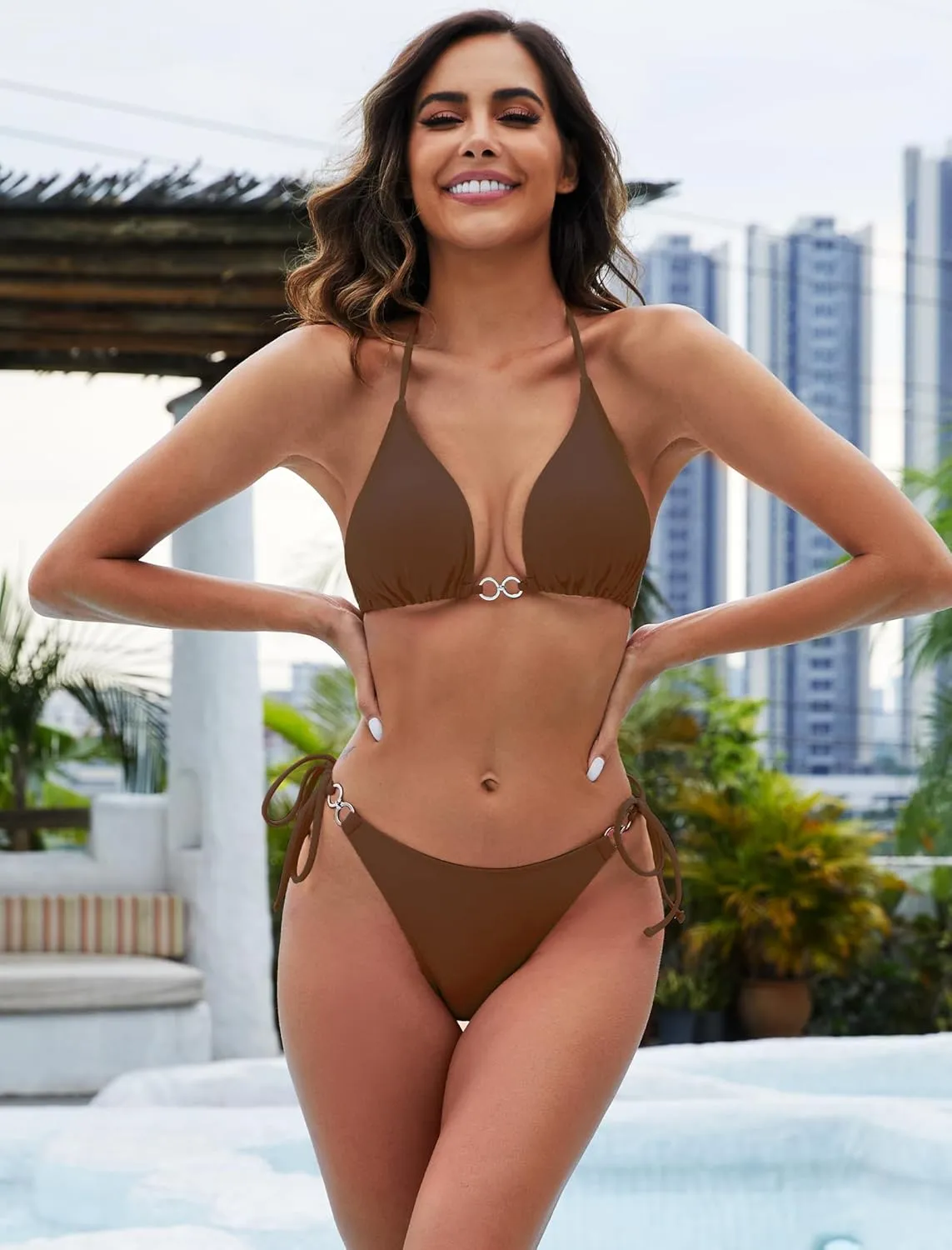 Triangle Bikini Sets for Women Sexy String Thong Two Piece Bathing Suit Spaghetti Strap Cheeky Solid Color Swimsuit