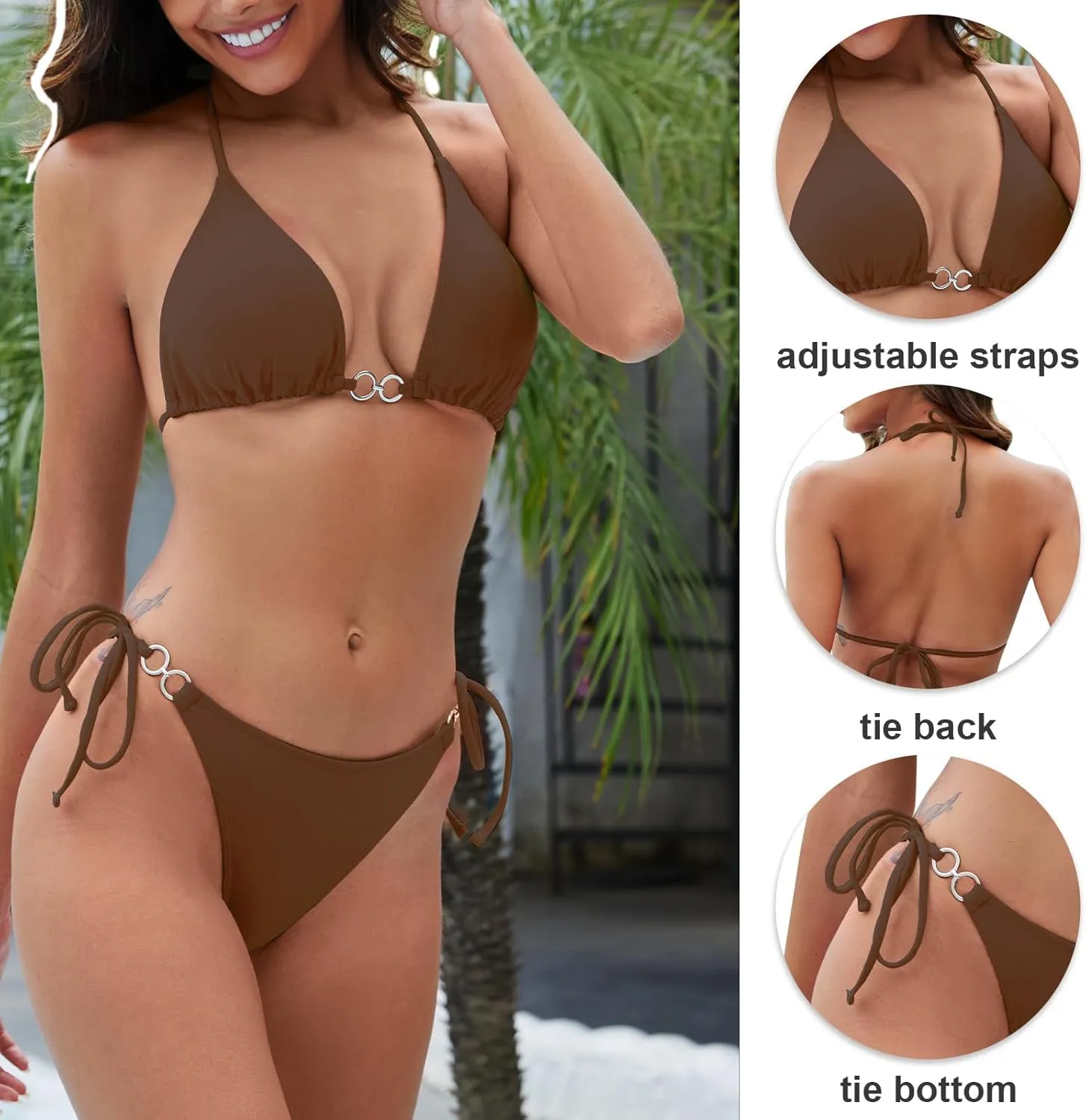 Triangle Bikini Sets for Women Sexy String Thong Two Piece Bathing Suit Spaghetti Strap Cheeky Solid Color Swimsuit