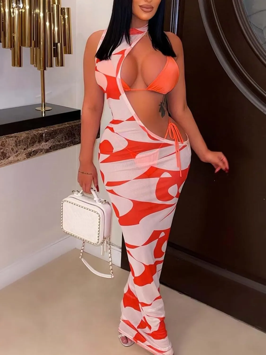 Uni Clau 3 Piece Swimsuits for Women Sexy Bikini Set Beach Cover Up Print Cut Out Halter Sheer Mesh Maxi Dress Bathing Suits