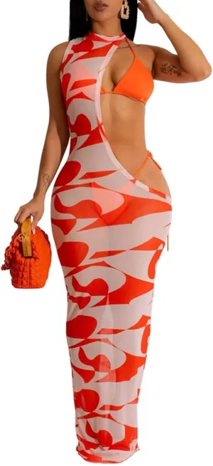 Uni Clau 3 Piece Swimsuits for Women Sexy Bikini Set Beach Cover Up Print Cut Out Halter Sheer Mesh Maxi Dress Bathing Suits