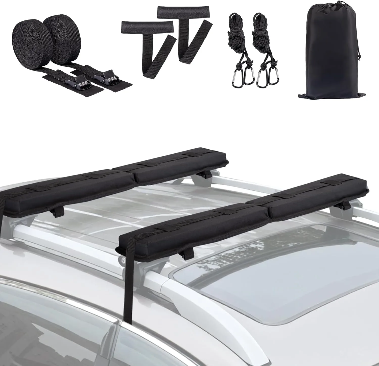 Universal Soft Roof Rack Pads Luggage Carrier System for Kayak,Surfboard, SUP, Canoe, Snowboard with 2 Tie Down Straps, 2 Tie Down Ropes, 2 Hood Loops and Storage Bag(Black)