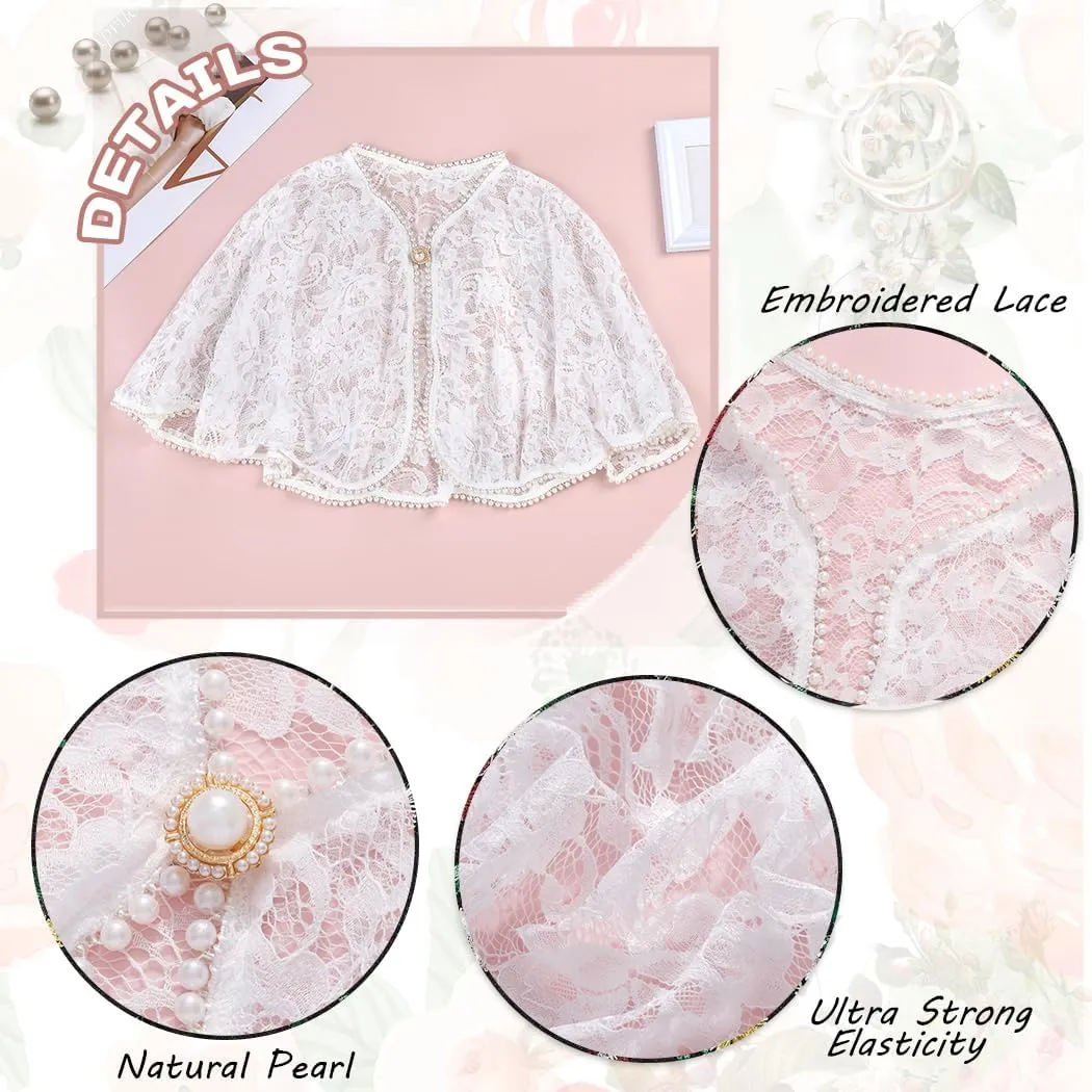 Urieo Women's Capelet Lace Floral Shawls Wraps Shrug for Evening Dress Pearl Shawl Wrap Bridal Wedding Cape Flapper Cover Up