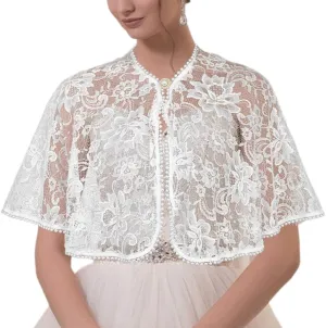 Urieo Women's Capelet Lace Floral Shawls Wraps Shrug for Evening Dress Pearl Shawl Wrap Bridal Wedding Cape Flapper Cover Up