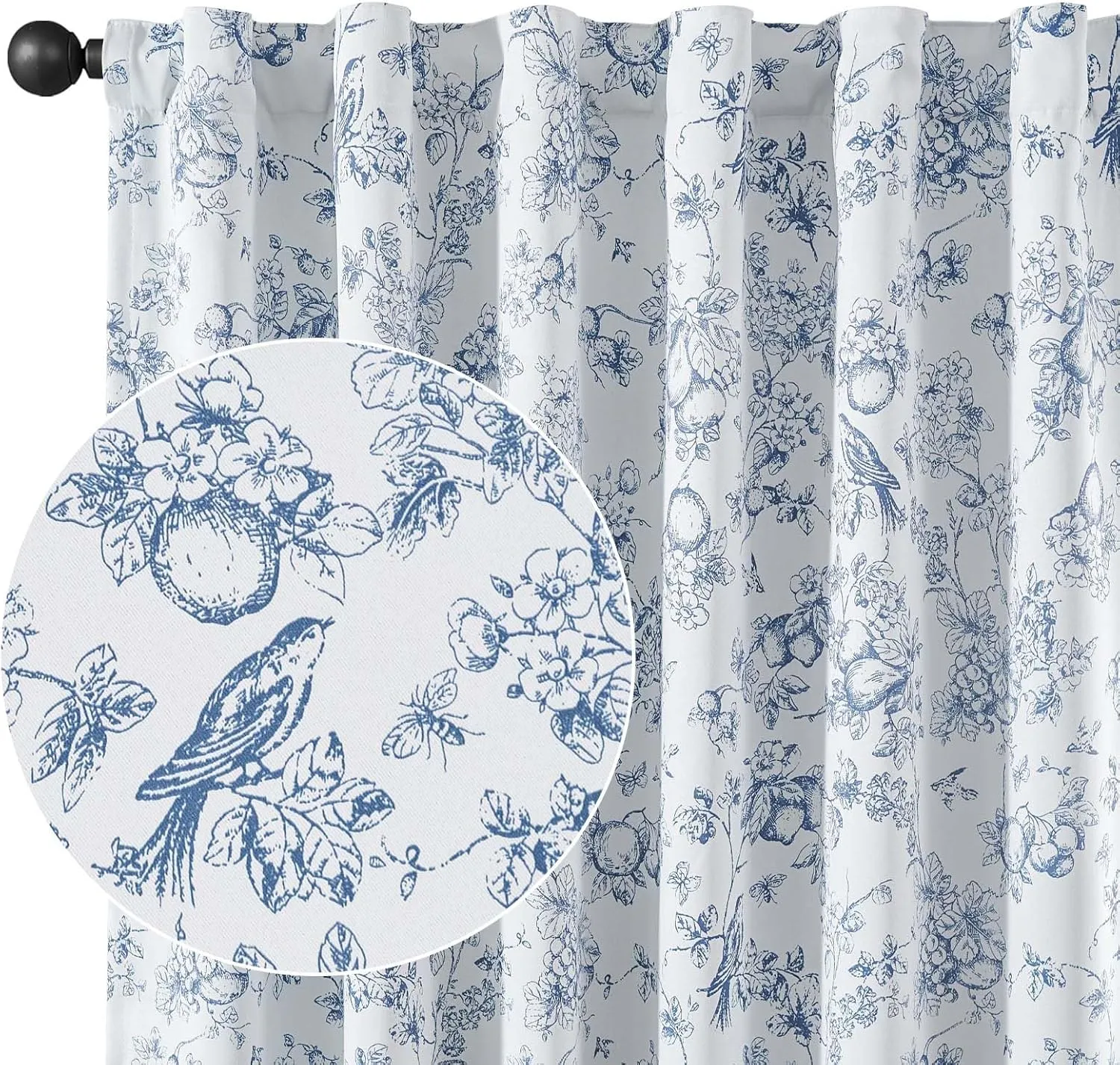 Vangao Blue 100% Blackout Curtains for Bedroom 63 Inch Length, Printed Flower Floral Curtains for Living Room Rod Pocket Back Tab Full Thermal Insulated Window Drapes, 2 Panels Blue and White