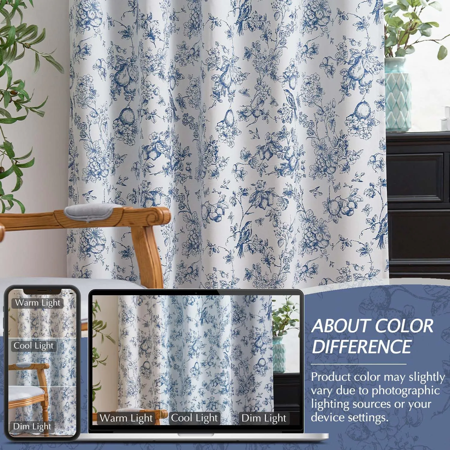 Vangao Blue 100% Blackout Curtains for Bedroom 63 Inch Length, Printed Flower Floral Curtains for Living Room Rod Pocket Back Tab Full Thermal Insulated Window Drapes, 2 Panels Blue and White