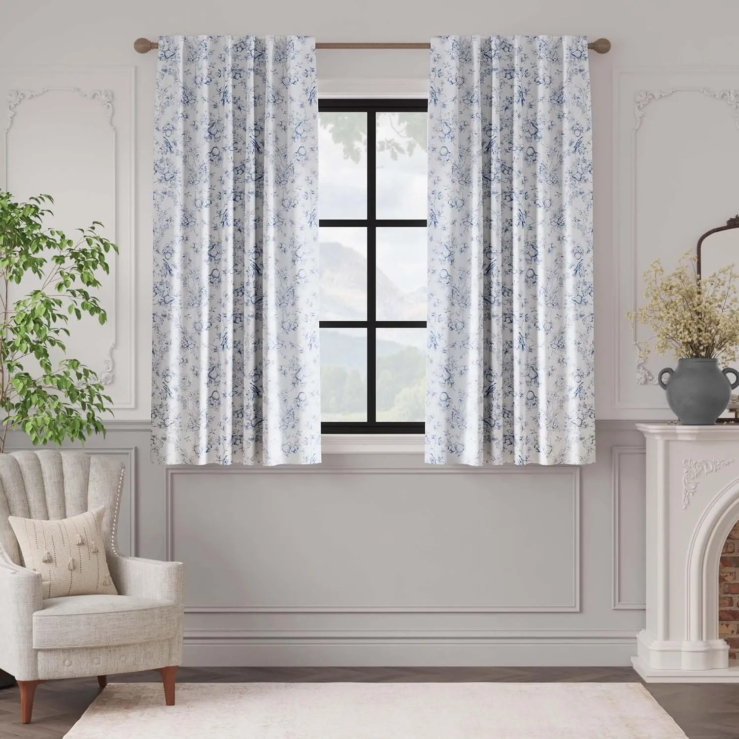 Vangao Blue 100% Blackout Curtains for Bedroom 63 Inch Length, Printed Flower Floral Curtains for Living Room Rod Pocket Back Tab Full Thermal Insulated Window Drapes, 2 Panels Blue and White