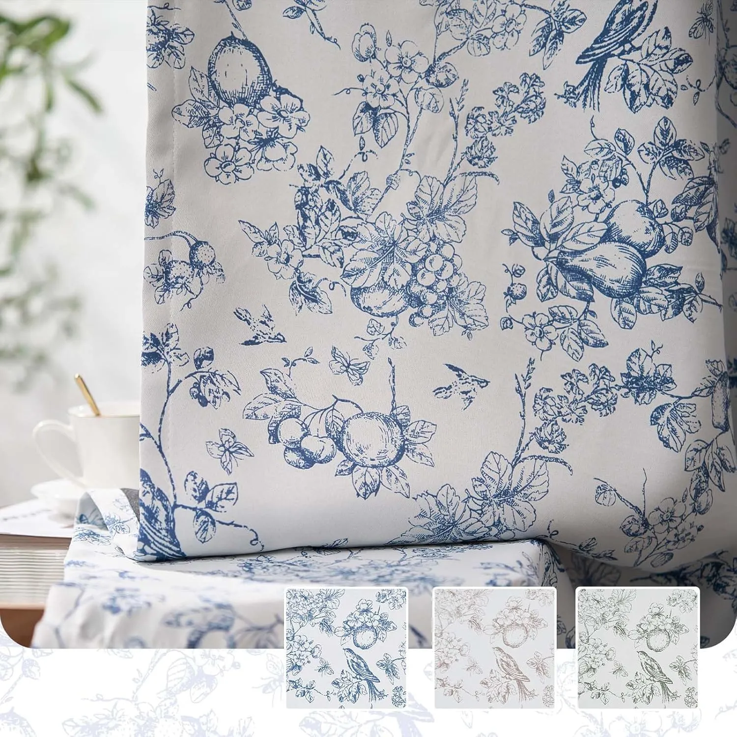 Vangao Blue 100% Blackout Curtains for Bedroom 63 Inch Length, Printed Flower Floral Curtains for Living Room Rod Pocket Back Tab Full Thermal Insulated Window Drapes, 2 Panels Blue and White