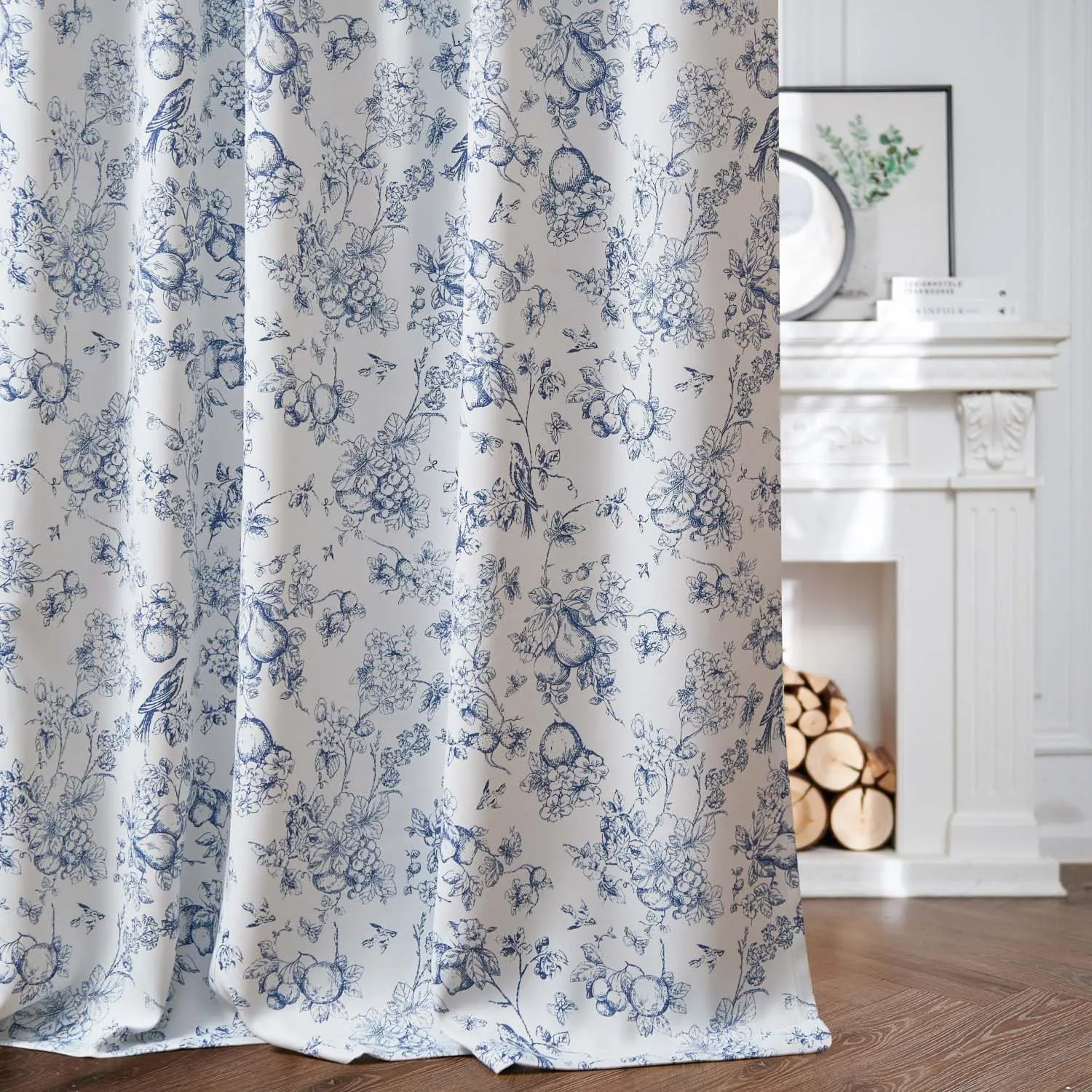 Vangao Blue 100% Blackout Curtains for Bedroom 63 Inch Length, Printed Flower Floral Curtains for Living Room Rod Pocket Back Tab Full Thermal Insulated Window Drapes, 2 Panels Blue and White