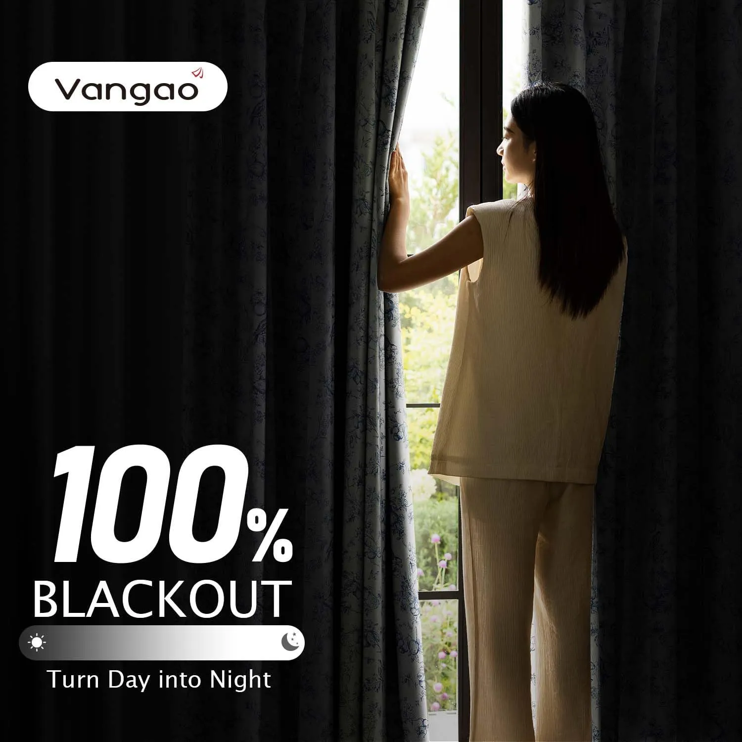 Vangao Blue 100% Blackout Curtains for Bedroom 63 Inch Length, Printed Flower Floral Curtains for Living Room Rod Pocket Back Tab Full Thermal Insulated Window Drapes, 2 Panels Blue and White