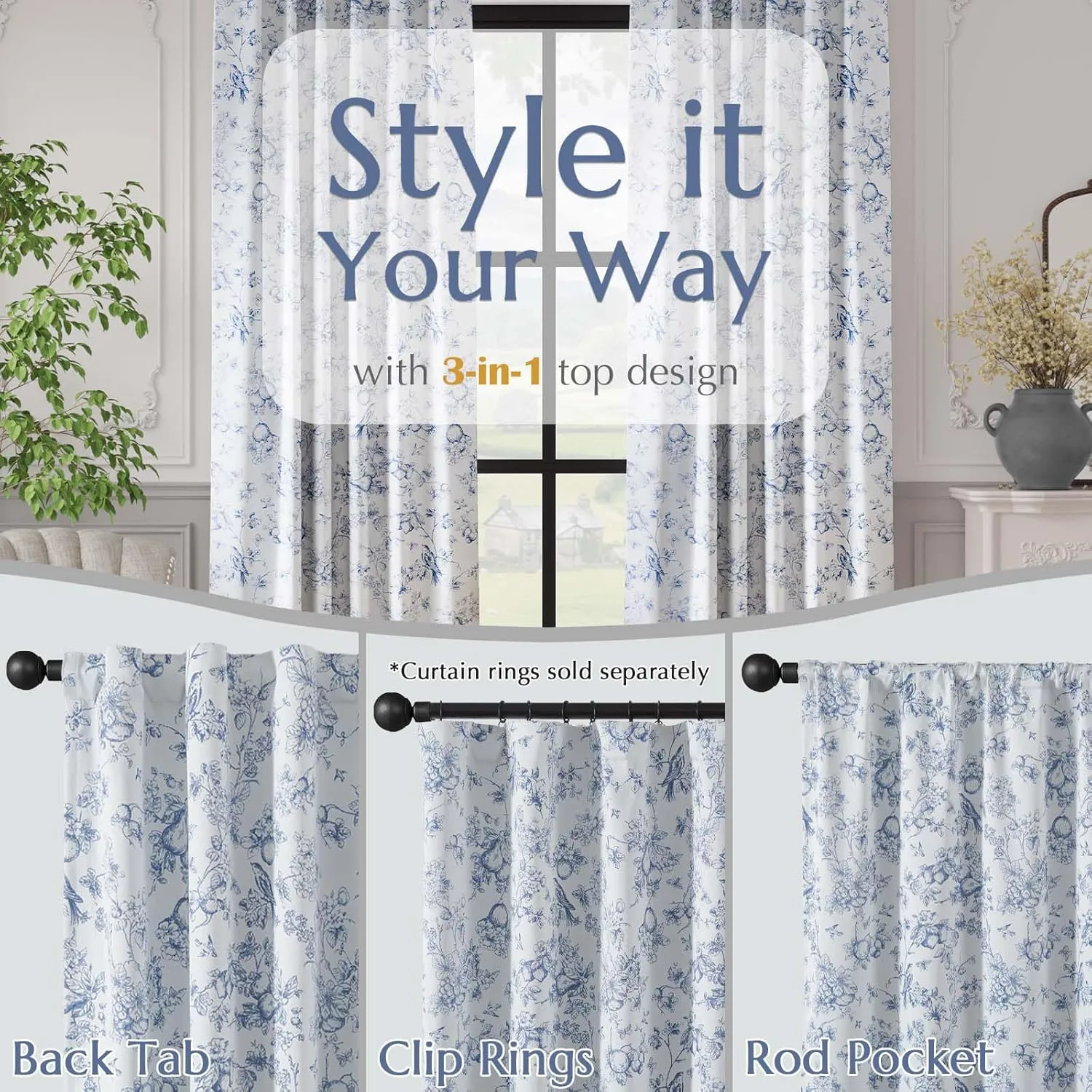 Vangao Blue 100% Blackout Curtains for Bedroom 63 Inch Length, Printed Flower Floral Curtains for Living Room Rod Pocket Back Tab Full Thermal Insulated Window Drapes, 2 Panels Blue and White
