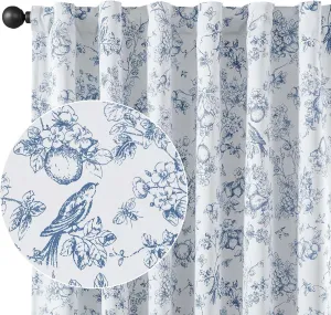 Vangao Blue 100% Blackout Curtains for Bedroom 63 Inch Length, Printed Flower Floral Curtains for Living Room Rod Pocket Back Tab Full Thermal Insulated Window Drapes, 2 Panels Blue and White