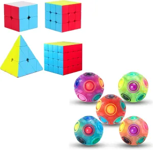 Vdealen 5 Pack Rainbow Puzzle Ball and 2x2 3x3 4x4 Pyramid Stickerless Magic Cube Bundle