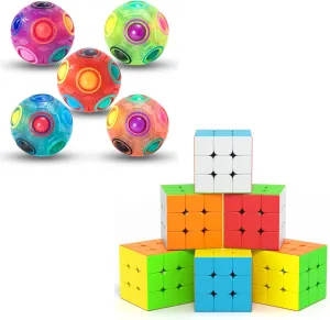 Vdealen 5 Pack Rainbow Puzzle Ball and 6 Pack 3x3x3 Stickerless Magic Cube Bundle