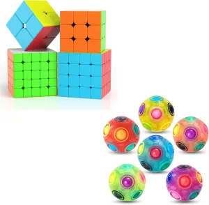 Vdealen 6 Pack Rainbow Puzzle Ball and 2x2 3x3 4x4 5x5 Stickerless Magic Cube Bundle