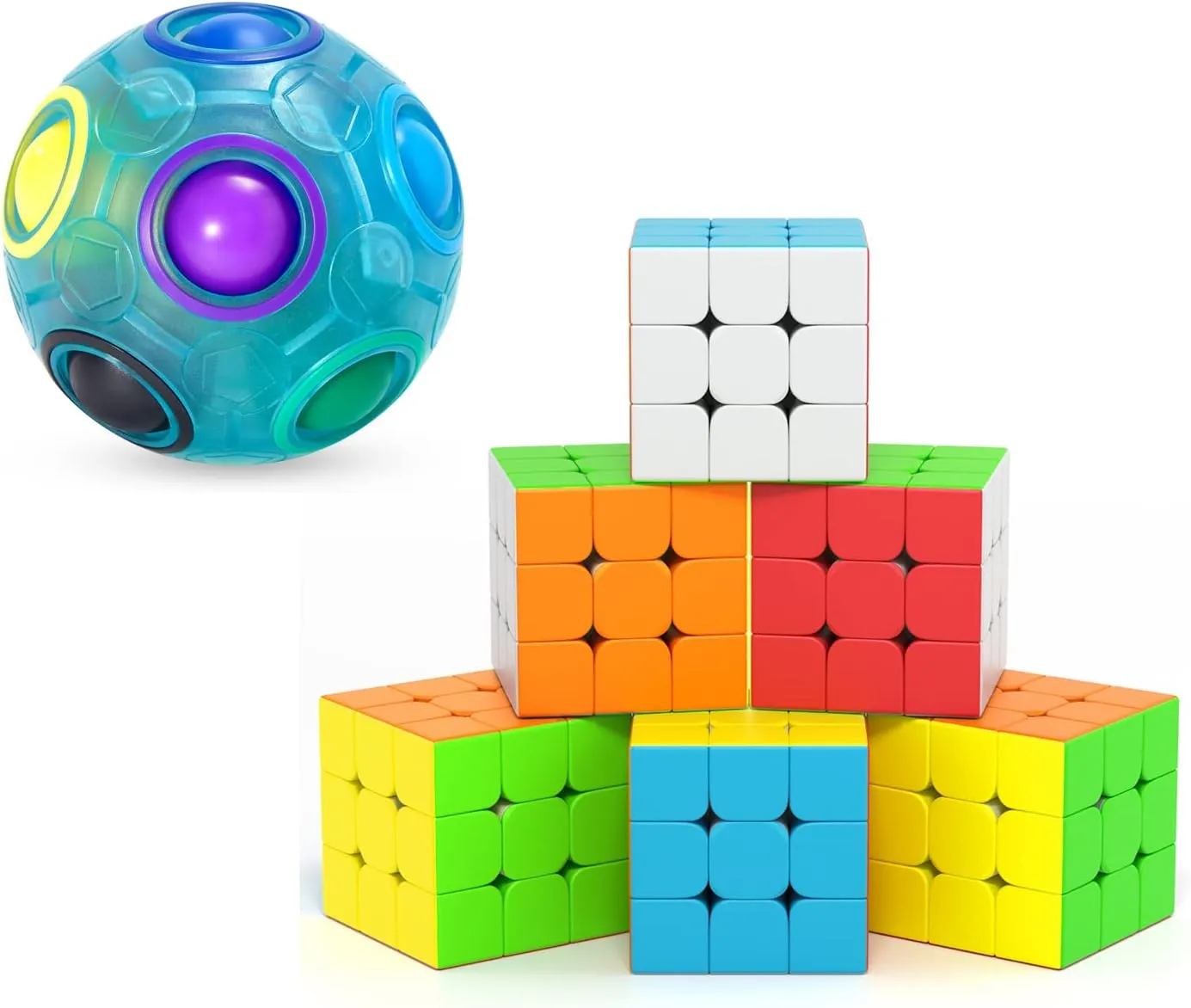 Vdealen Rainbow Puzzle Ball and 6 Pack 3x3x3 Stickerless Magic Cube Bundle