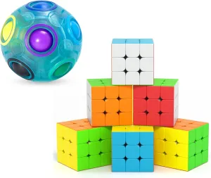 Vdealen Rainbow Puzzle Ball and 6 Pack 3x3x3 Stickerless Magic Cube Bundle