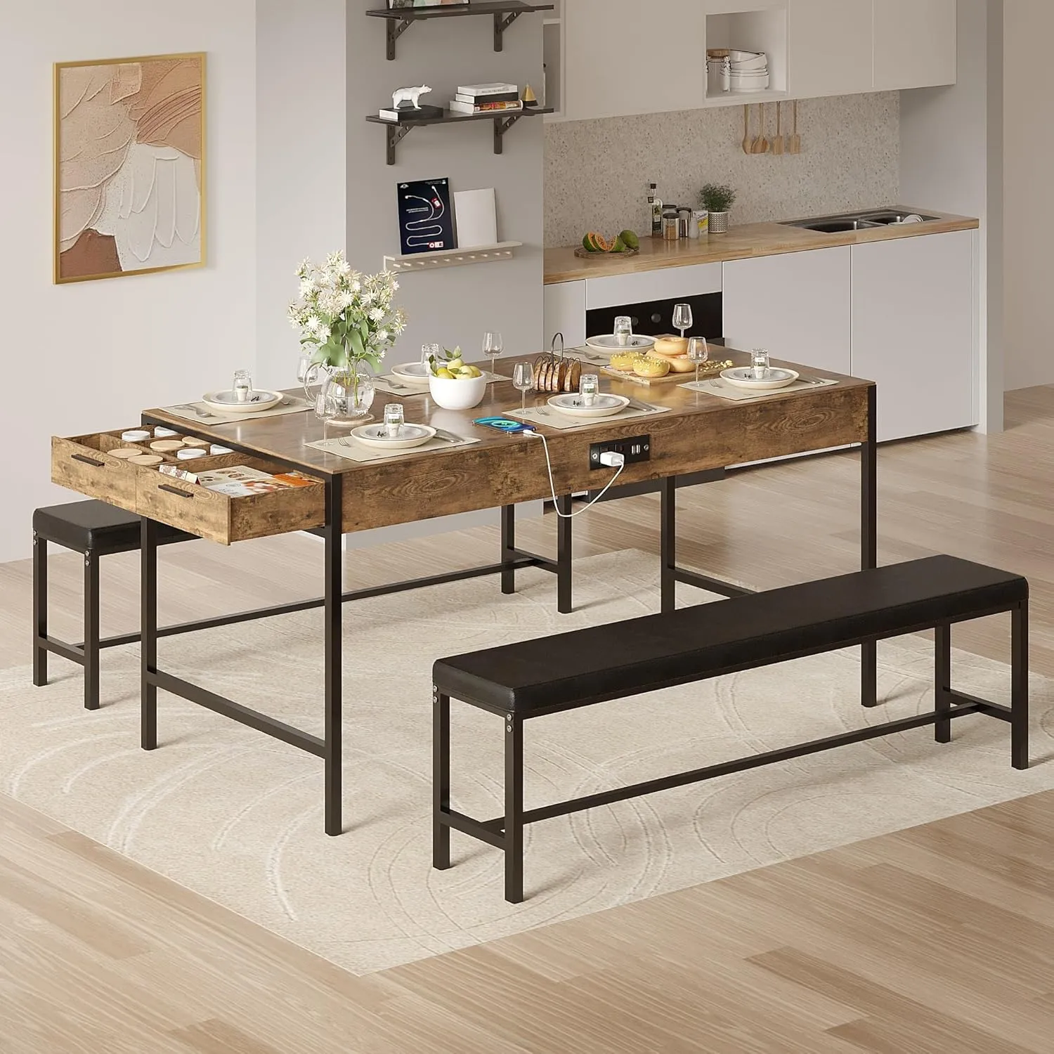 VECELO 3-Piece 65'' Dining Table Set for 4, with 2 Long Benches and Charging Station, Featuring Utensil Drawers & Wine Rack, Space Saving Design, Easy to Assemble, Suitable for Kitchen, Light Brown