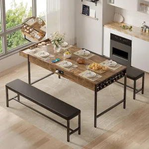 VECELO 3-Piece 65'' Dining Table Set for 4, with 2 Long Benches and Charging Station, Featuring Utensil Drawers & Wine Rack, Space Saving Design, Easy to Assemble, Suitable for Kitchen, Light Brown