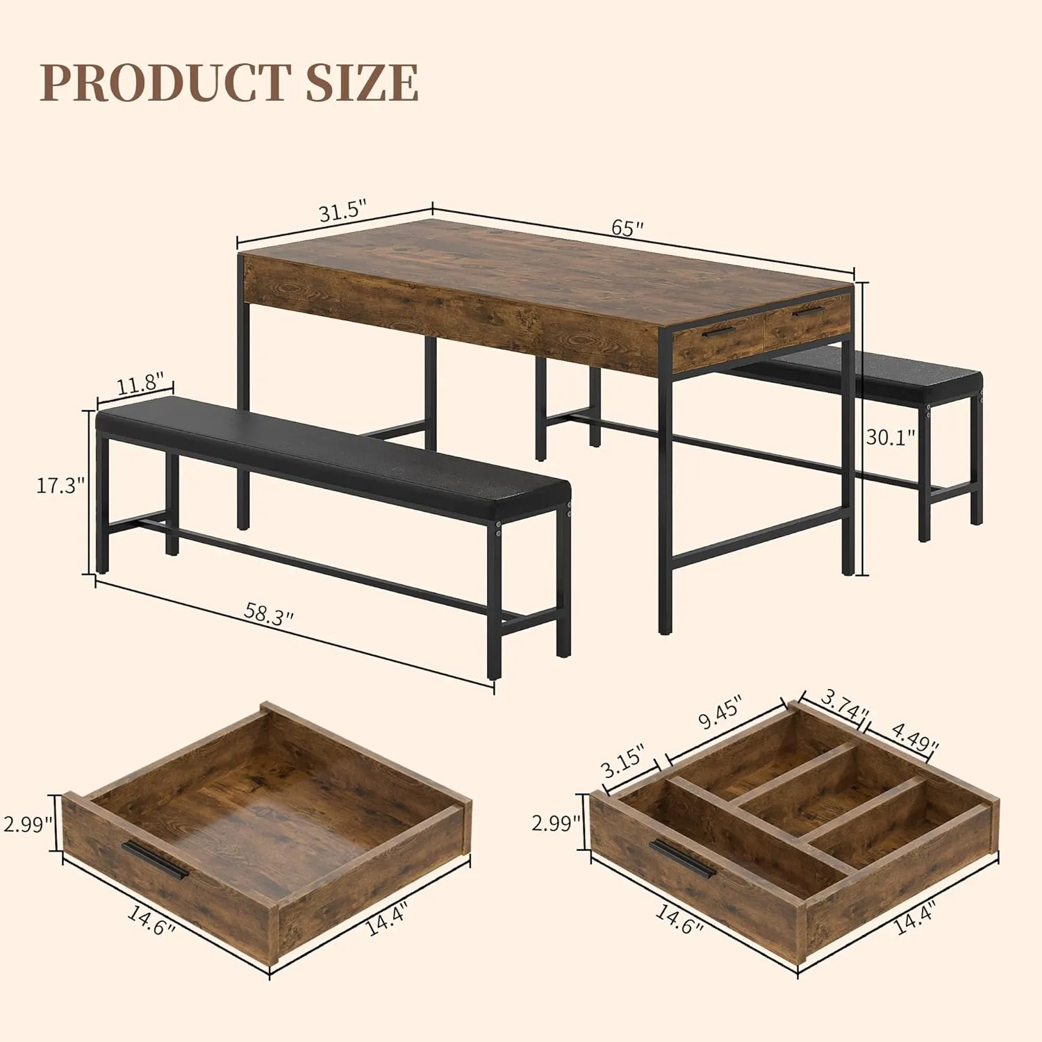 VECELO 3-Piece 65'' Dining Table Set for 4, with 2 Long Benches and Charging Station, Featuring Utensil Drawers & Wine Rack, Space Saving Design, Easy to Assemble, Suitable for Kitchen, Light Brown