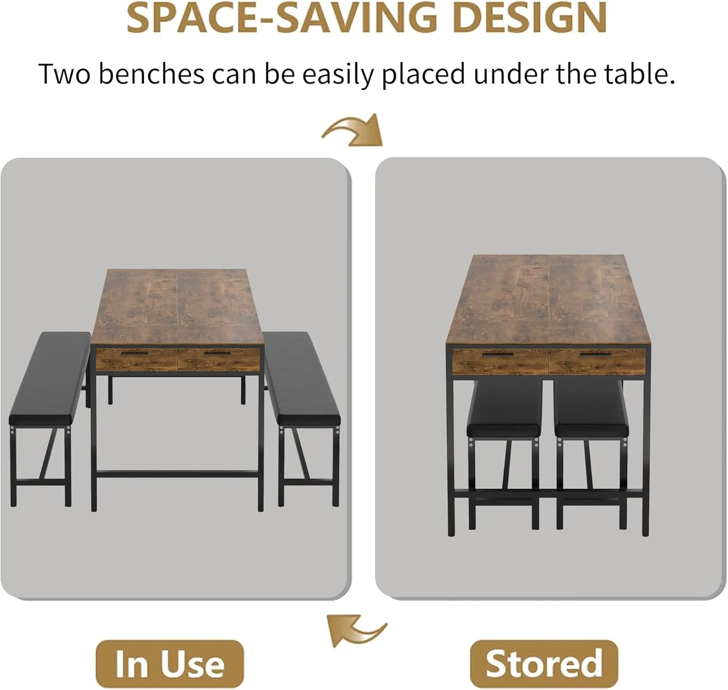 VECELO 3-Piece 65'' Dining Table Set for 4, with 2 Long Benches and Charging Station, Featuring Utensil Drawers & Wine Rack, Space Saving Design, Easy to Assemble, Suitable for Kitchen, Light Brown
