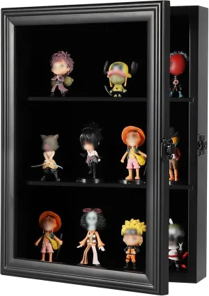 VERANI Action Figure Display Case - Wall Mount Wood Cabinet for Minifigures Action Figures - Lockable Black Lock with Real Glass Door, for Mini Toys,Collections and Stone Rock Black