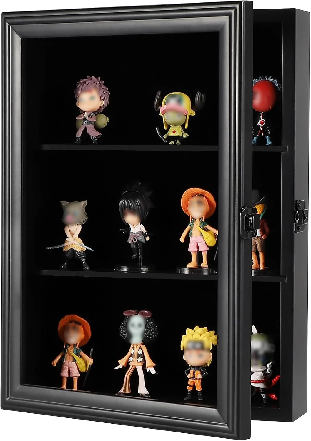 VERANI Action Figure Display Case - Wall Mount Wood Cabinet for Minifigures Action Figures - Lockable Black Lock with Real Glass Door, for Mini Toys,Collections and Stone Rock Black