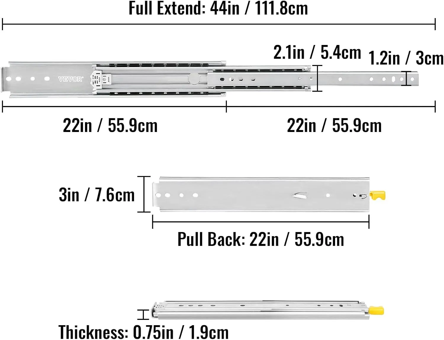 VEVOR Drawer Slides 22inch, 1 Pair Locking Drawer Slides 500lbs Load Capacity, Side Mount Ball Bearing, 3-Fold Full Extension