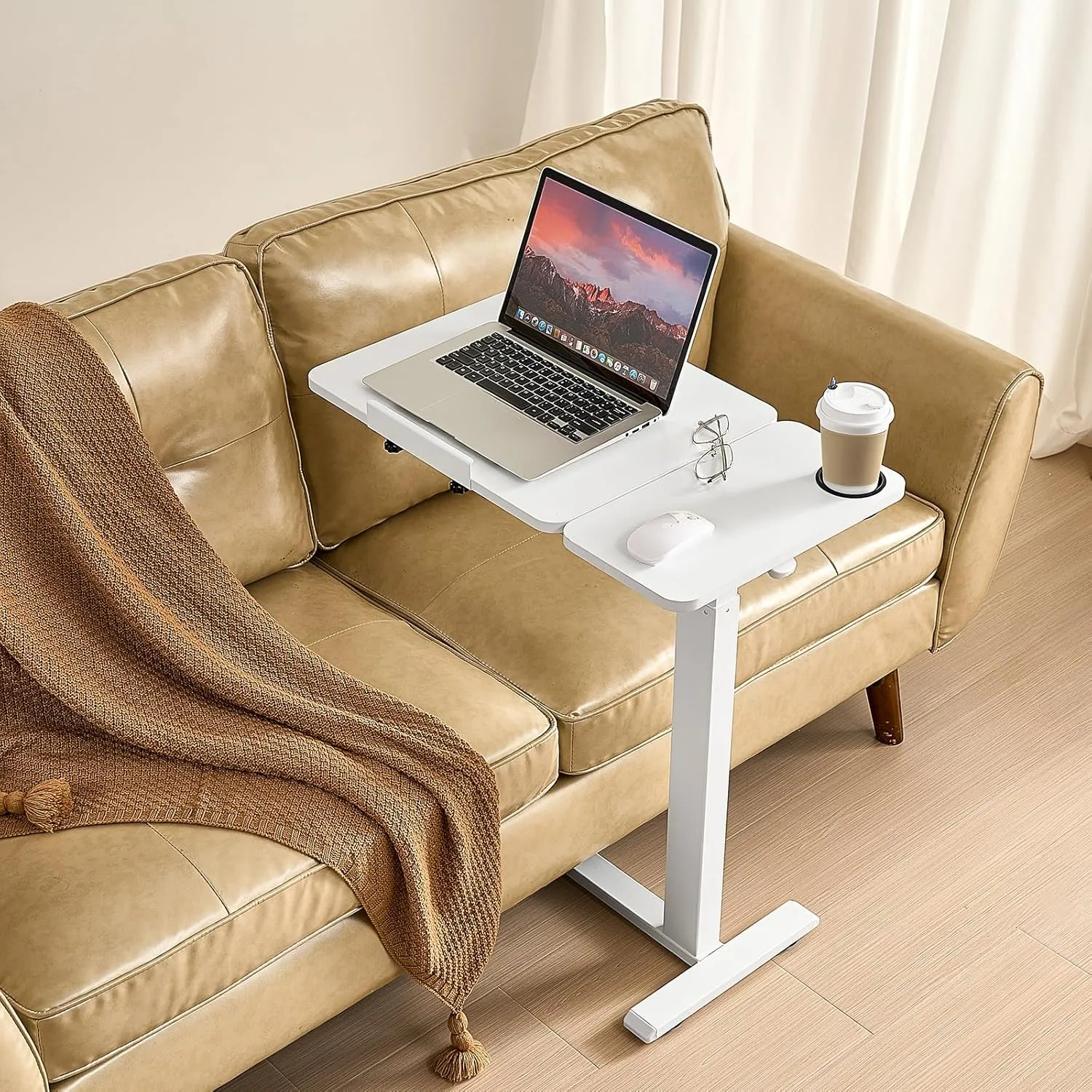VEVOR Overbed Table, Over Bed Table with Wheels Adjustable Height, Mobile Hospital Bed Table, Rolling Laptop Desk with Tilting Top & Cup Holder, Portable Over Bed Desk for Home, Office, Study, White