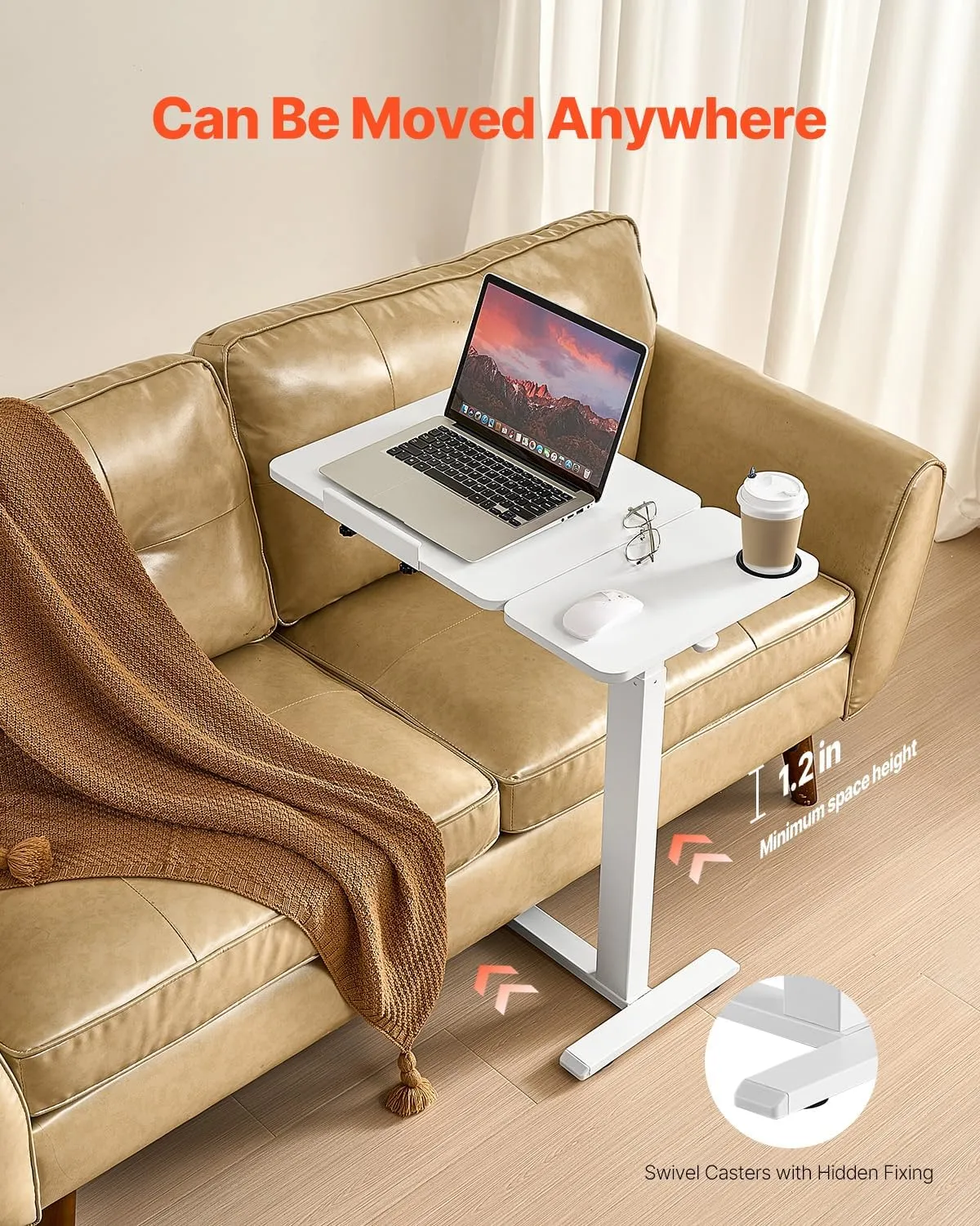 VEVOR Overbed Table, Over Bed Table with Wheels Adjustable Height, Mobile Hospital Bed Table, Rolling Laptop Desk with Tilting Top & Cup Holder, Portable Over Bed Desk for Home, Office, Study, White