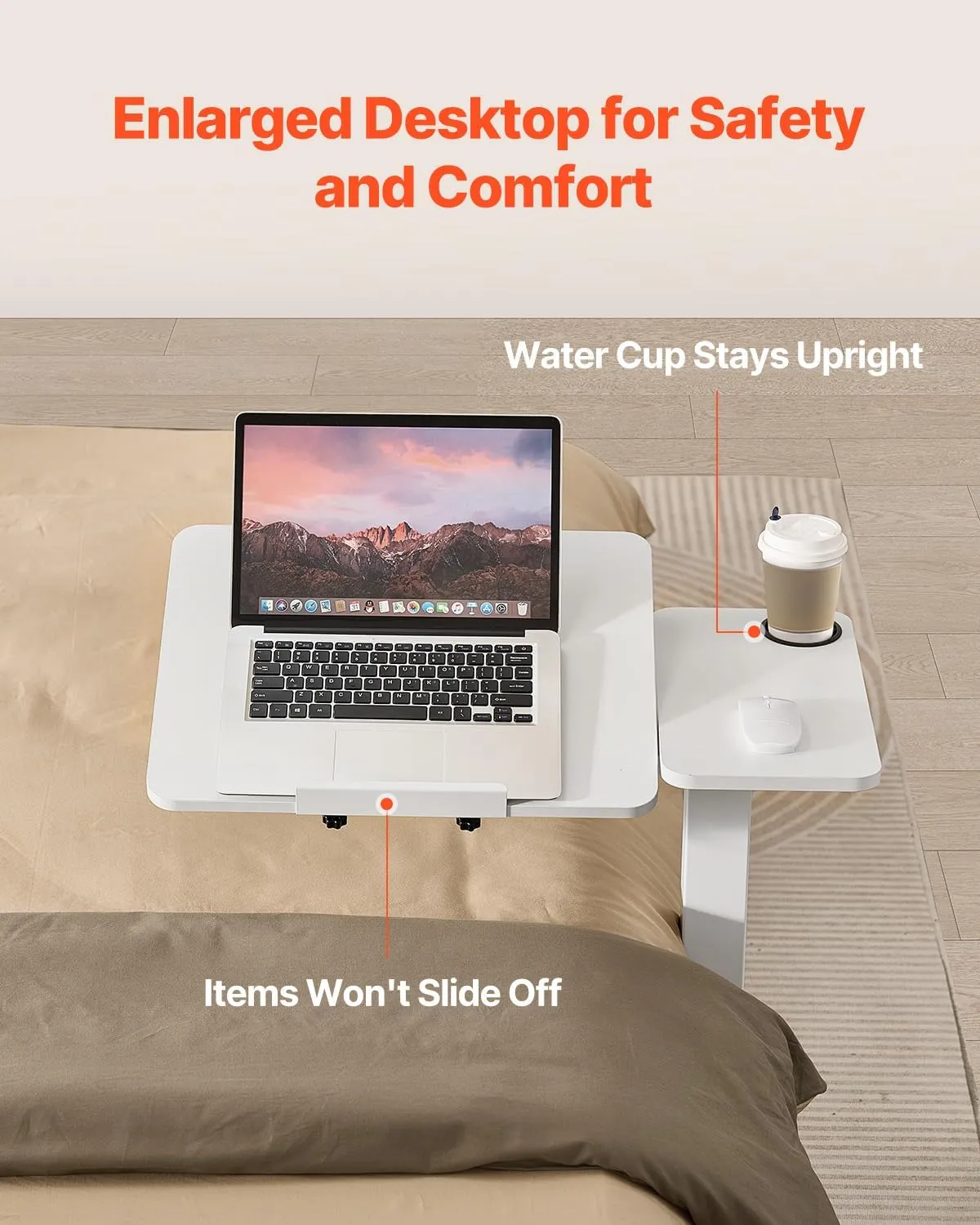 VEVOR Overbed Table, Over Bed Table with Wheels Adjustable Height, Mobile Hospital Bed Table, Rolling Laptop Desk with Tilting Top & Cup Holder, Portable Over Bed Desk for Home, Office, Study, White