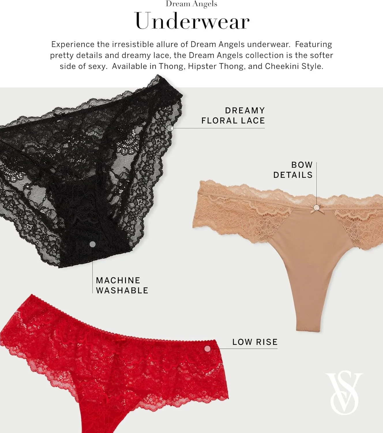 Victoria's Secret Women's Dream Angels Lace Hipster Thong Underwear, Panties for Women (XS-XXL)