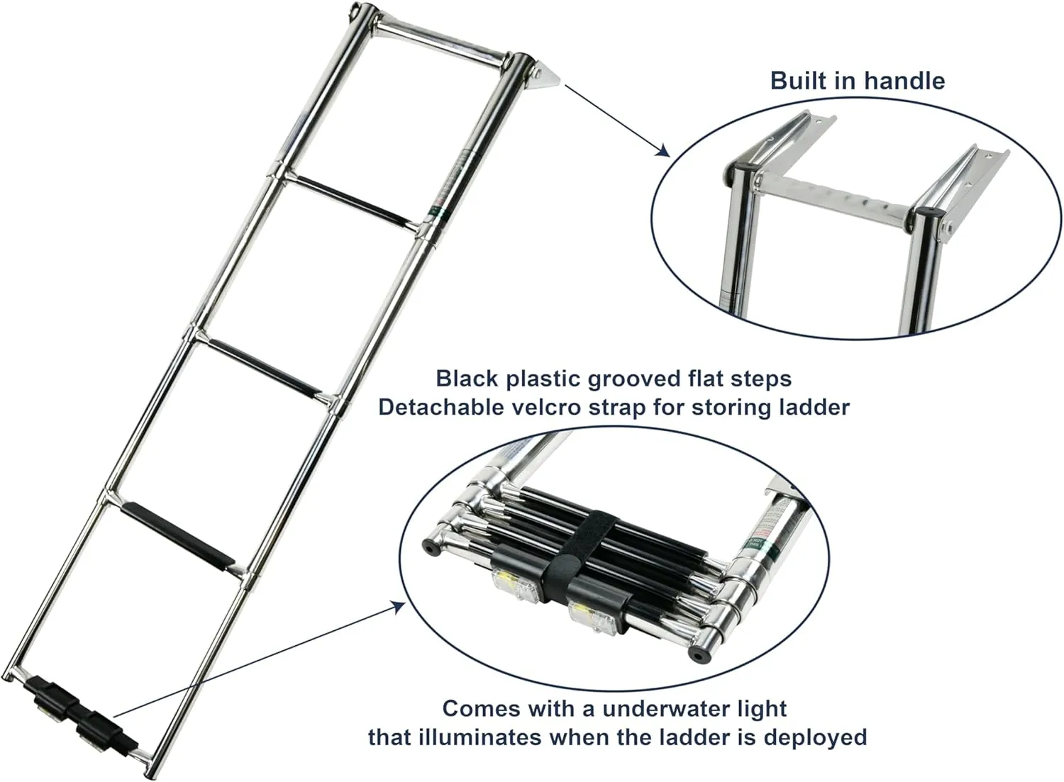 Vinland Marine 4-Step Over Platform Boat Ladder w/Horizontal Handle 304 Stainless Steel Telescoping Boat Ladder Pontoon, Bass, Jon