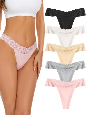 voenxe Seamless Thong for Women,No Show Lace Underwear,Ladies Breathable Comfort Panties Soft Laser Cut Undies,Tanga,5-Pack