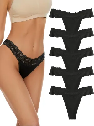 voenxe Seamless Thong for Women,No Show Lace Underwear,Ladies Breathable Comfort Panties Soft Laser Cut Undies,Tanga,5-Pack