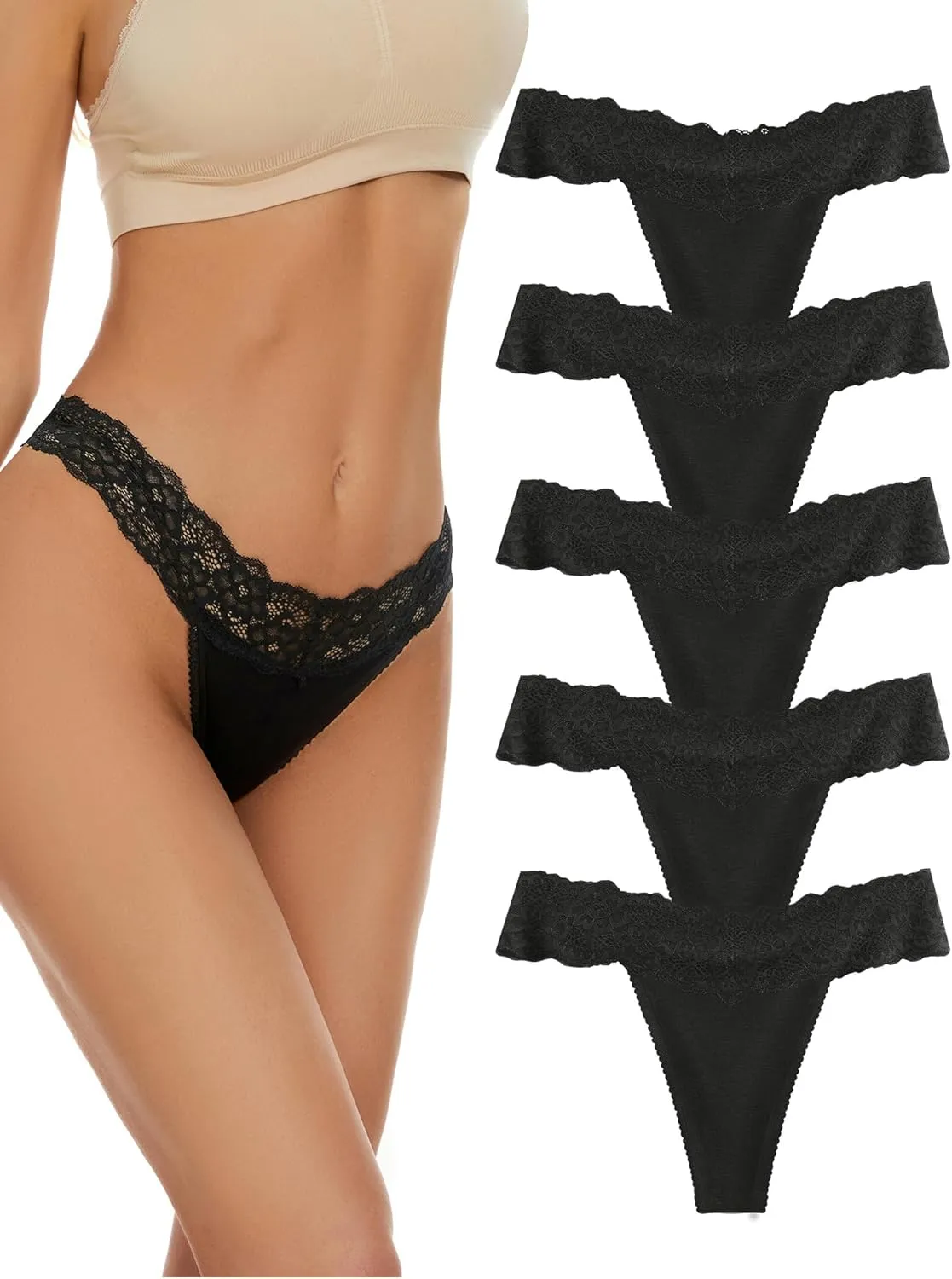 voenxe Seamless Thong for Women,No Show Lace Underwear,Ladies Breathable Comfort Panties Soft Laser Cut Undies,Tanga,5-Pack