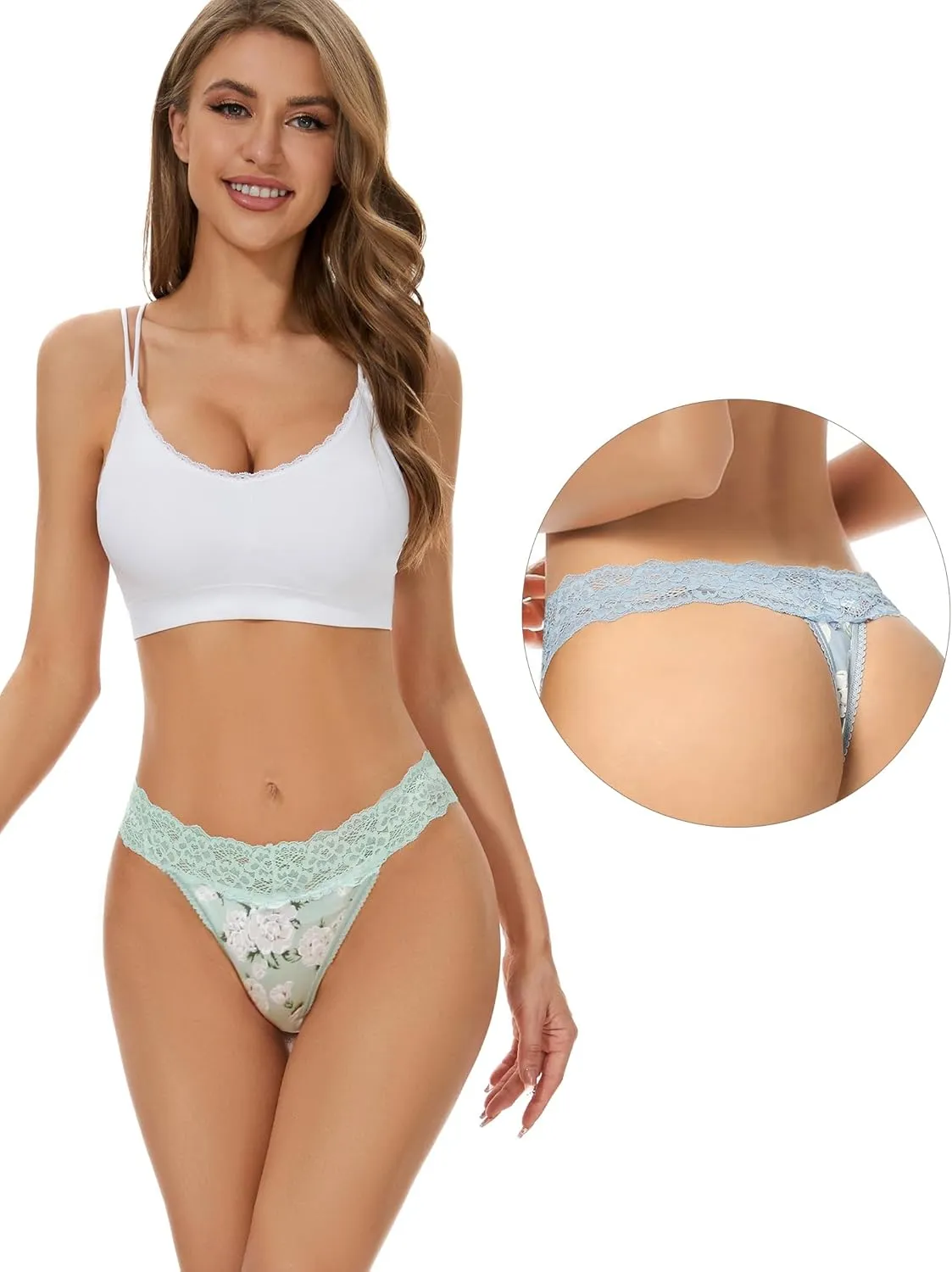 voenxe Seamless Thong for Women,No Show Lace Underwear,Ladies Breathable Comfort Panties Soft Laser Cut Undies,Tanga,5-Pack
