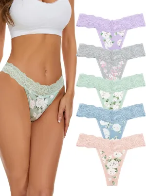 voenxe Seamless Thong for Women,No Show Lace Underwear,Ladies Breathable Comfort Panties Soft Laser Cut Undies,Tanga,5-Pack