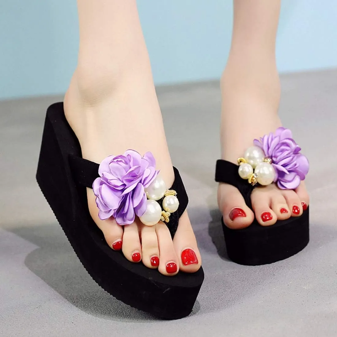 VOKLIN Women's Bohemian Flowers Wedge High Heel Flipflop Sandals Summer Platform Nonslip Beach Thong Sandal