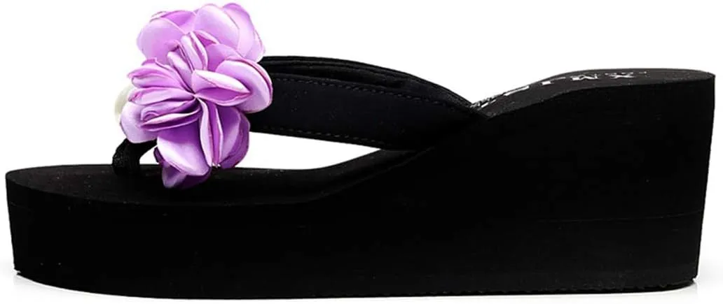 VOKLIN Women's Bohemian Flowers Wedge High Heel Flipflop Sandals Summer Platform Nonslip Beach Thong Sandal