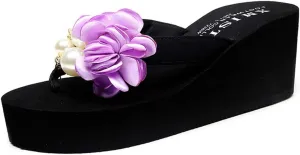 VOKLIN Women's Bohemian Flowers Wedge High Heel Flipflop Sandals Summer Platform Nonslip Beach Thong Sandal