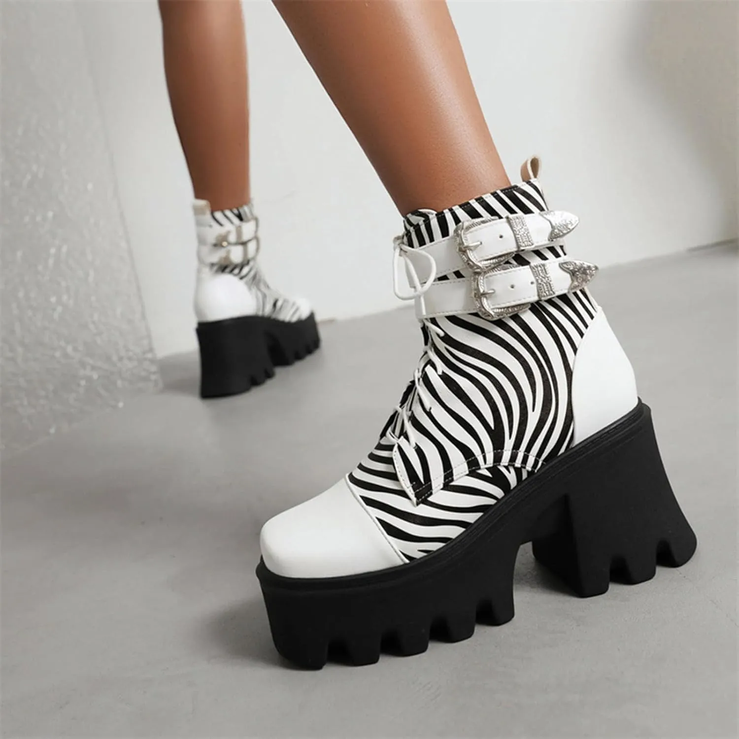 Vujkliy Women's Winter Thick Sole High Heel Zebra Print Front Lace Up Booties Large Size