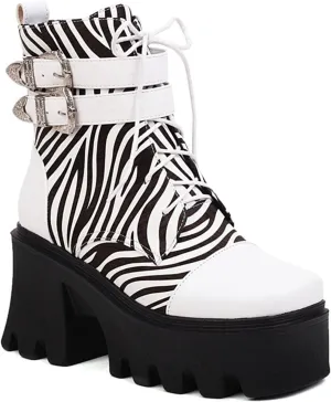 Vujkliy Women's Winter Thick Sole High Heel Zebra Print Front Lace Up Booties Large Size